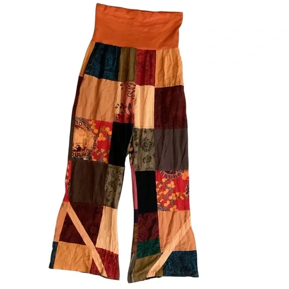 TLB BOHO Free Spirit Patchwork Cotton Lounge Wide Leg Pants Orange Sz One Size - Picture 4 of 6